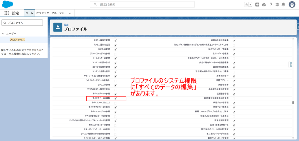 プロファイルのシステム権限でのすべての編集の確認方法