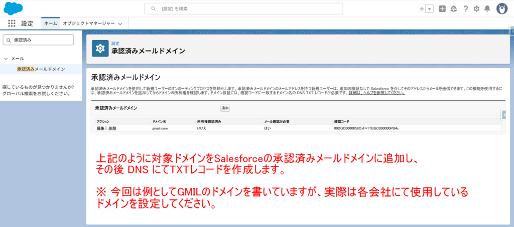 Salesforceでの承認済みメールドメインの設定例